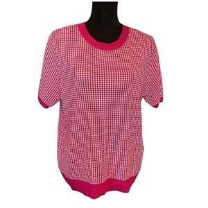Anne Klein Pink White Houndstooth Knit Short Sleeve‎ Sweater , L, Women NWT